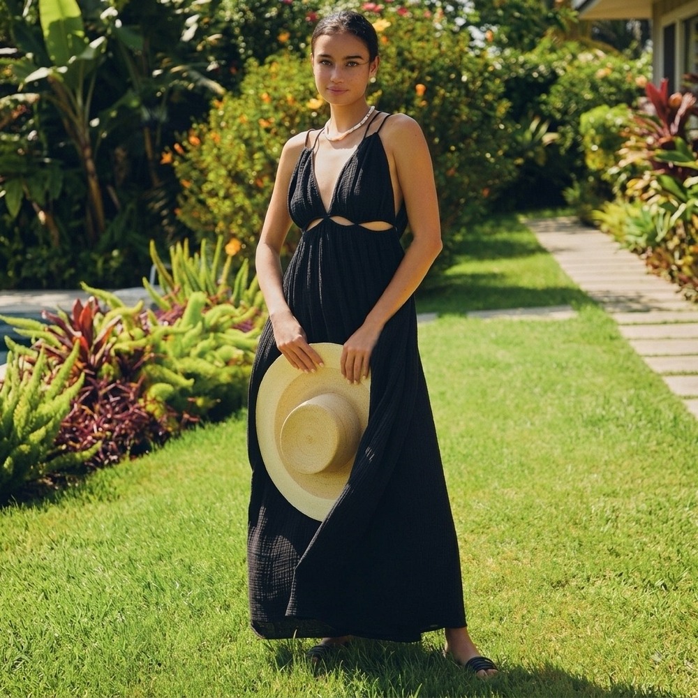 Loveriche Black Gauze Cutout Maxi Dress NWT Women Small Beach Vacation Boho